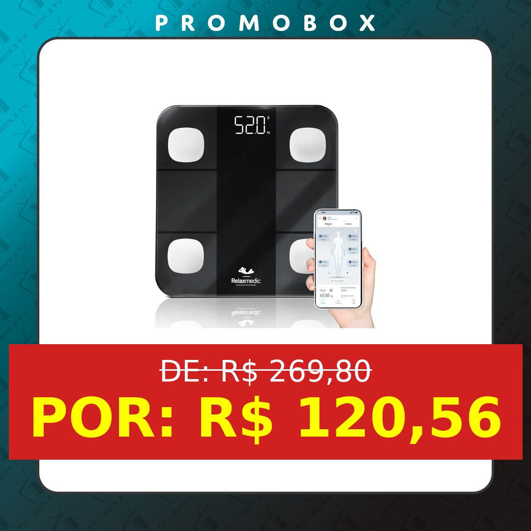 OFERTA: Balança Digital Corporal Bioimpedância Aplicativo Bluetooth Relaxmedic – R$ 120,56