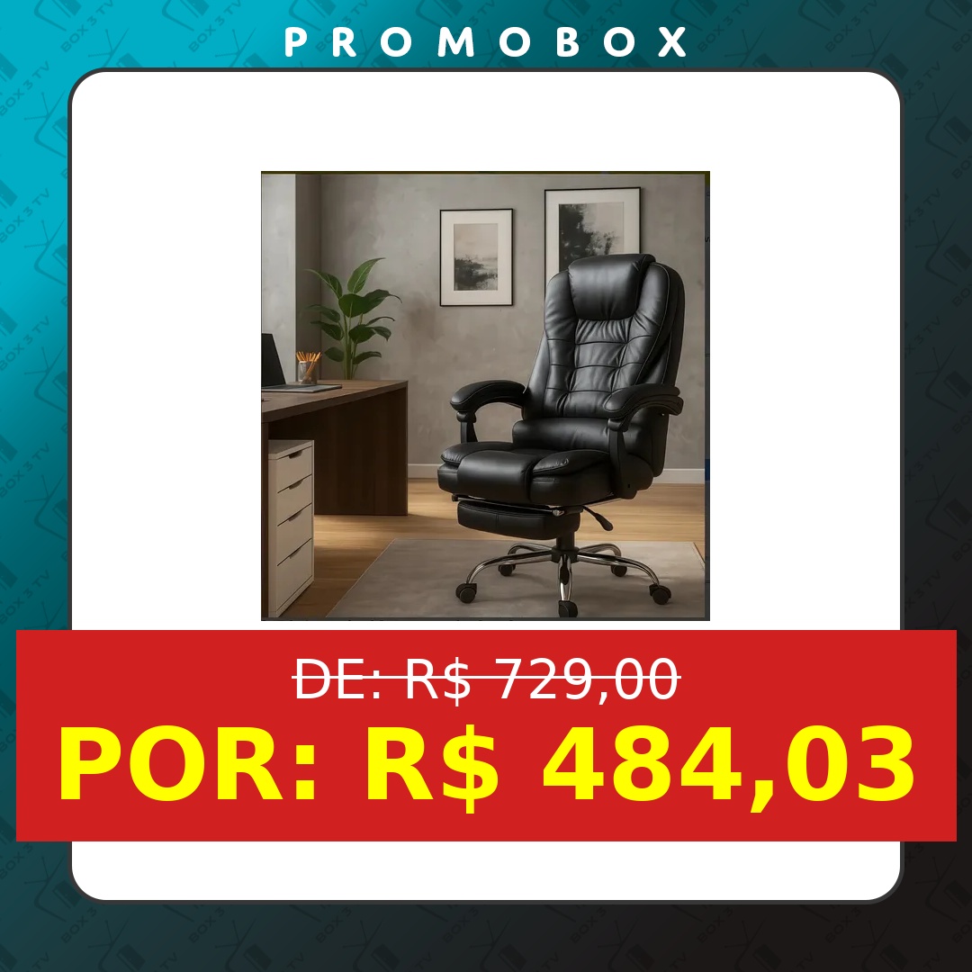 OFERTA: Cadeira Presidente Escritório Ajustável Ergonômica Em Couro Preto – R$ 484,03