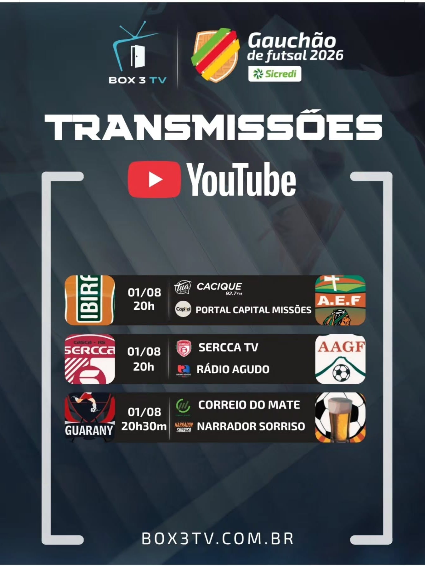 Post: 🔥 Gauchão de Futsal 2026 

📺 Acompanhe A…