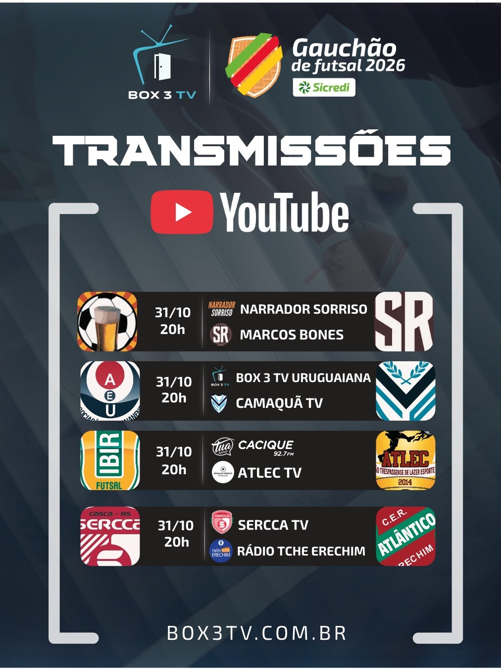 Post: 📺🔥 Gaúchão de Futsal 2026 | Transmissões…